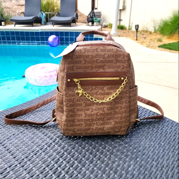 Juicy Couture Handbags - New Juicy Couture Chestnut Brown Statement Gothic Print Logo Backpack Bag